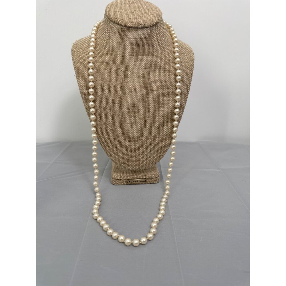 Vintage Long Faux Pearl Necklace Hand Knotted Hidden Pearl Clasp